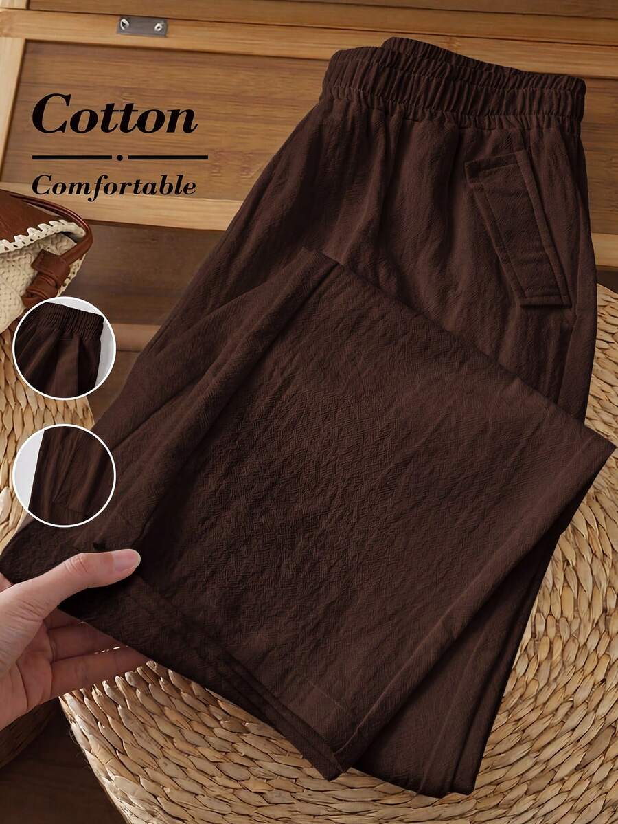 Rusticease Women's Solid Color Textured Casual Pocket Long Pants For Daily Wear - Brown - View 1