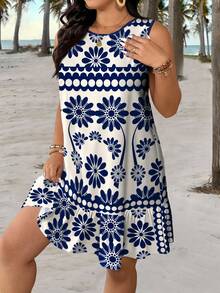 SHEIN CURVE+ Plus Size Women Summer Casual Sleeveless Printed Dress Beach Vacation White - Blue - View 7