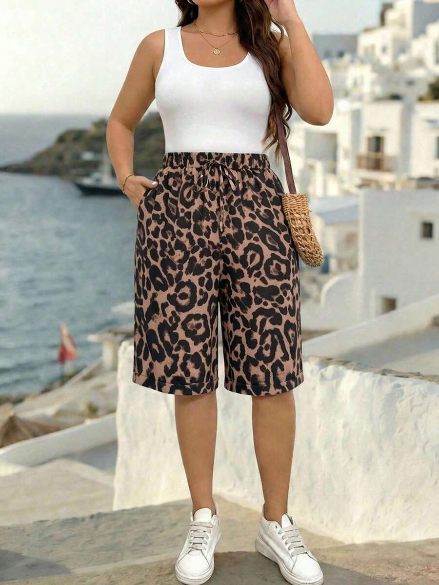 EMERY ROSE Plus Size Casual Leopard PrintBermuda Shorts With Pockets And Decorative Drawstring - Multicolor - View 1