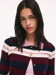 Nöista Striped Knit Cardigan With Collar And Button Front. Fall, Back To School And Everyday Style. - Burgundy - View 6