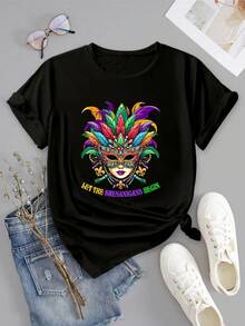 INAWLY Women's Short Sleeve Sporty Tee With Carnival Feather Mask, Pearl Necklace & English Letter Print, Casual Round Neck Pullover Shirt For Spring/Summer - Black - View 1