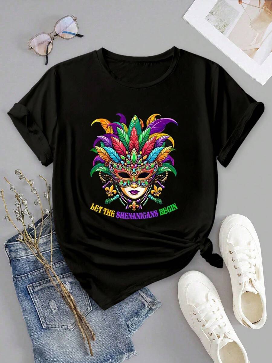 INAWLY Women's Short Sleeve Sporty Tee With Carnival Feather Mask, Pearl Necklace & English Letter Print, Casual Round Neck Pullover Shirt For Spring/Summer - Black - View 1