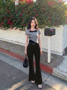 SHEIN MOD Solid Flare Leg Pants - Black - View 2