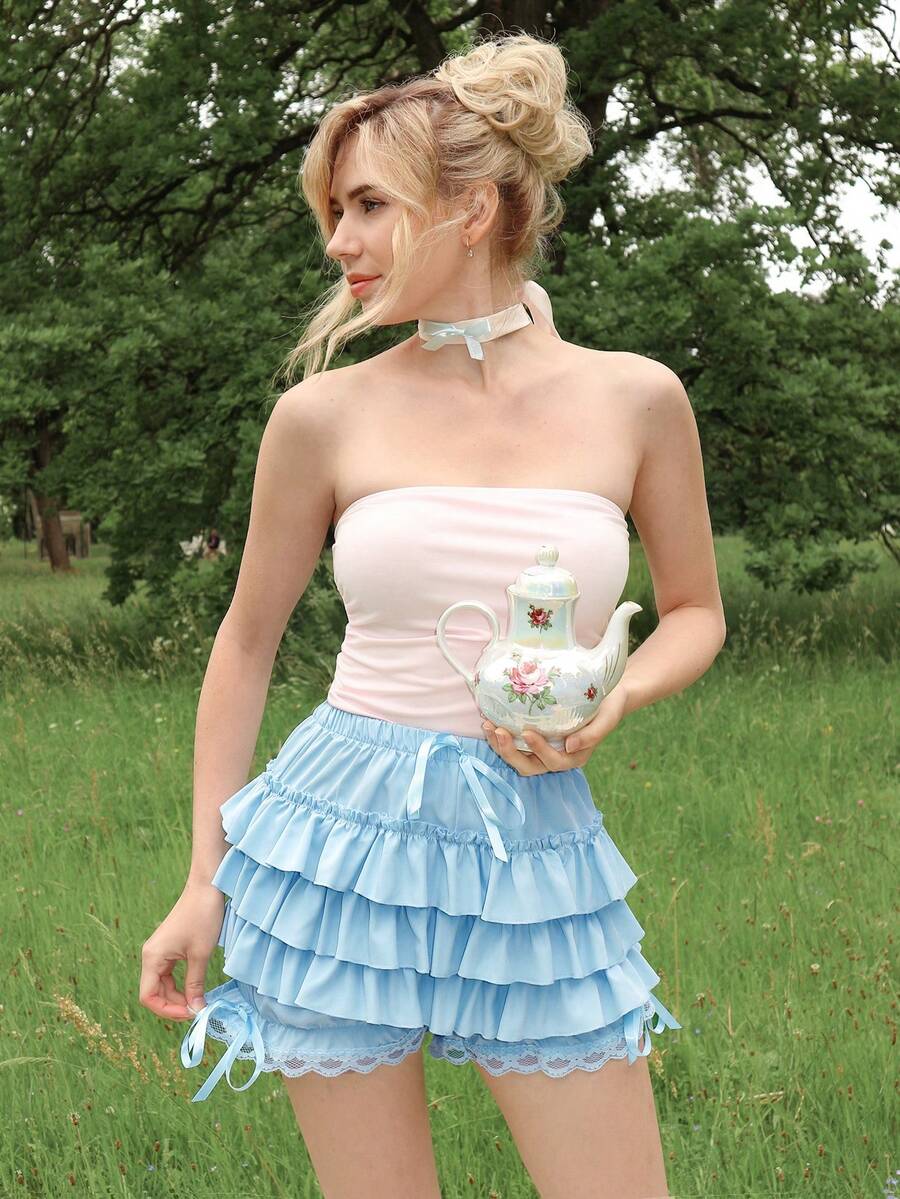 ROMWE X Elena Katey 女款休閒純色鬆緊腰蝴蝶結荷葉邊下擺短褲,夏季 - 淺藍色 - 查看 1