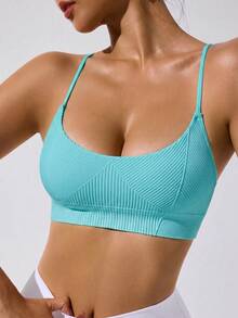 SHEIN Sovereign Charm Camiseta de tirantes deportiva sin costuras de unicolor minimalista - Azul Cadete - View 3
