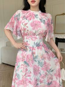Modelyn 粉色雪紡花卉印花優雅夏季度假女款中長洋裝 - 粉色 - 查看 9
