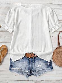 SHEIN VCAY Blusa de manga corta con cuello cuadrado de encaje de contraste de unicolor para mujer de talla grande - Blanco - Ver 2