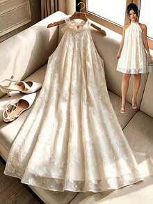 SHEIN Clasi Plus Size Chiffon Jacquard 3D Embroidered Fabric High Neck Sleeveless Asymmetrical Patchwork Ruched Umbrella Hem Doll Style Knee Length Dress Elegant For Outing Date Party Gathering Vacation - Apricot - View 9