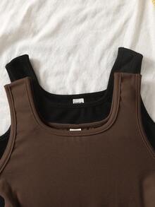 SHEIN 2pcs/Set Tween Girls' Casual Basic U-Neck Sleeveless Fitted Ribbed Jumpsuit, Black & Brown - Brown - View 3