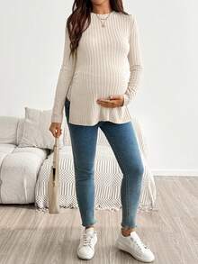 SHEIN Maternity Solid Color Split Design Casual Versatile Everyday Formal Maternity Work T-Shirt Fall - Apricot - View 4