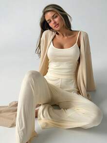 Livesso Women's Solid Color Versatile Camisole Top And Long Pants With Long Sleeve Cardigan Loungewear Set Fall - White - View 3