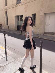 SHEIN MOD Tube Top With Side Drawstrings, Asymmetric Hem, Retro Sexy Elegant Printed Summer Going Out Party Night Night Out Tight Black And White - Black and White - View 8