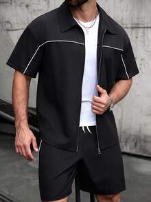 SLATEMANN Men's Striped Zip Collar Contrast Color Short Sleeve Shirt And Drawstring Waist Pocket Shorts Set - Black - View 1