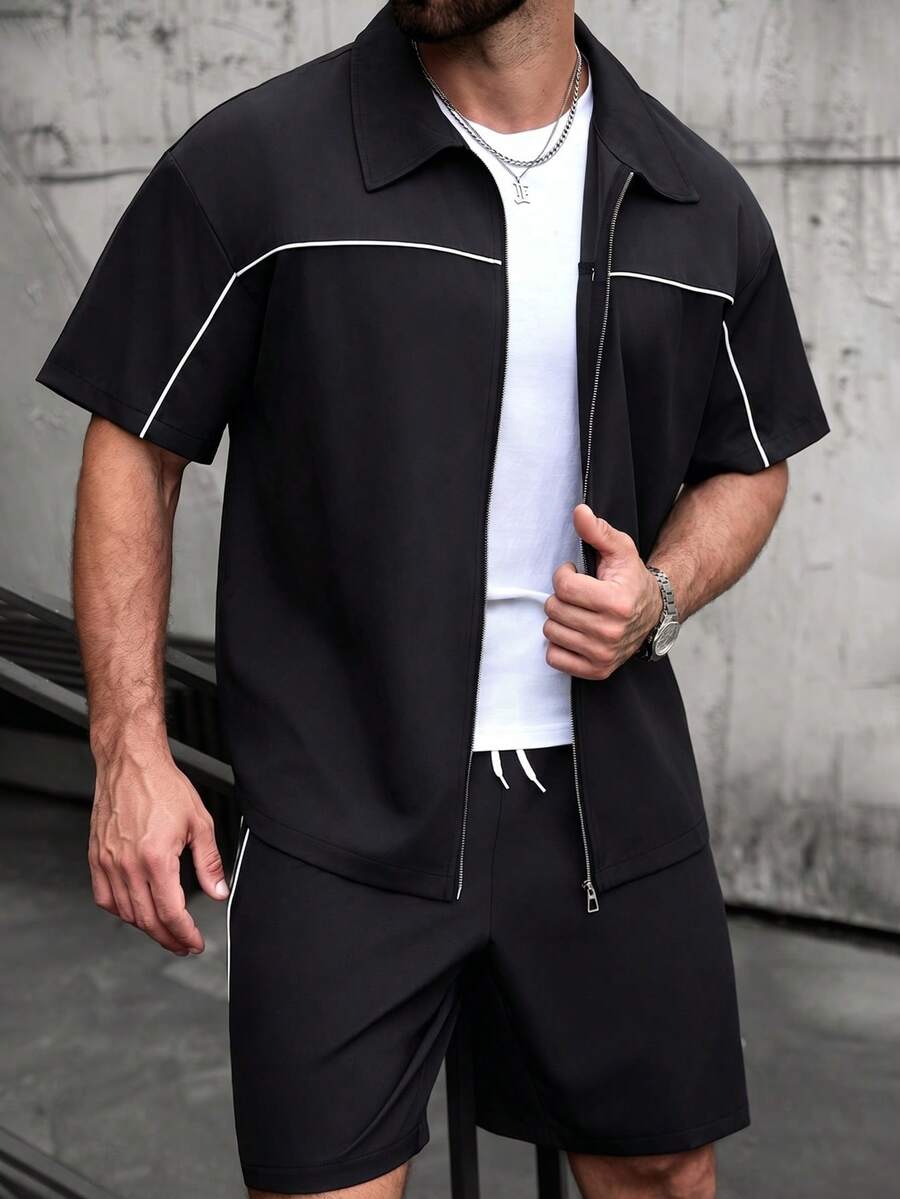 SLATEMANN Men's Striped Zip Collar Contrast Color Short Sleeve Shirt And Drawstring Waist Pocket Shorts Set - Black - View 1