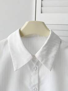 SHEIN 兒童青少年女孩優雅正式純白色長袖襯衫，綁帶收腰上衣，返校季校園正式秋季穿搭 - 白色 - 查看 6