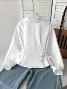 SHEIN 青少年女孩優雅長袖前綁帶白色襯衫，簡約百搭，適合通勤，優雅前綁帶上衣 - 白色 - 查看 6