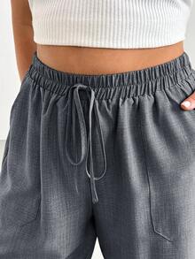 SHEIN Essnce Plus Size Solid Color Minimalist Casual Versatile Drawstring Waist Pocket Shorts Formal Dark Green Summer - Dark Grey - View 7
