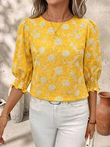 SHEIN Clasi Round Neck Shirred Romantic Boho Daisy Embroidered Top Vacation Pastel Yellow Summer - Yellow - View 4