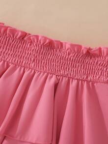 SHEIN Elladie kids 2件組青少年女孩掛脖背心上衣，開學季 7歲生日/1歲生日款，領口花卉印花羅紋針織，純色荷葉邊套裝，幼兒房風紫色，秋季 - 粉色 - 查看 6