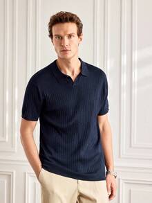 Officeau Men's Ribbed Airplane Collar Polo Knit Shirt, Short Sleeve, Summer Fashion - Navy Blue - View 2