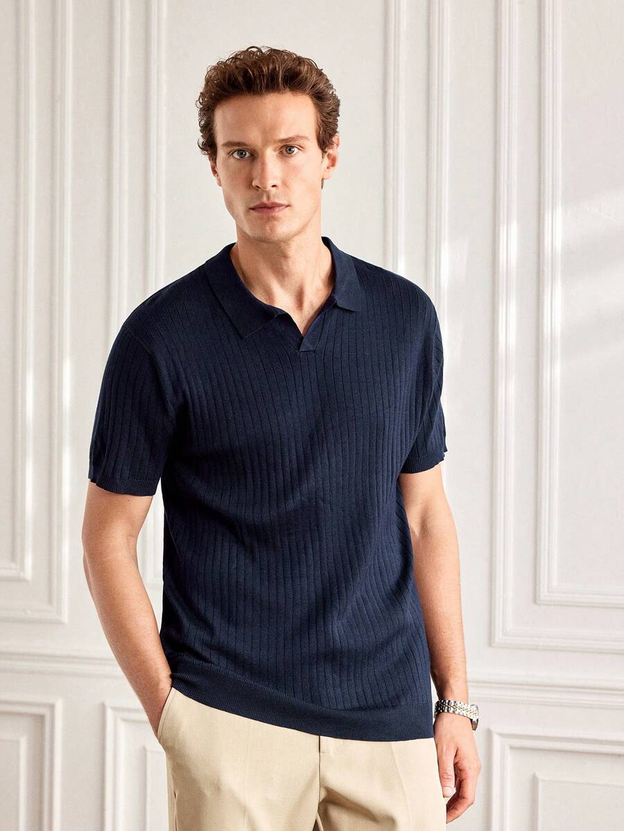 Officeau Men's Ribbed Airplane Collar Polo Knit Shirt, Short Sleeve, Summer Fashion