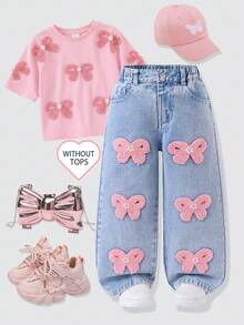 Genkimix Kids Jeans en denim à jambe droite ample pour filles, denim bleu clair délavé, décoré de nœuds en broderie de serviette rose avec des accents de perles au centre, convient pour toutes les saisons, peut être associé à des t-shirts, des sweats-shirts ou des tricots, idéal pour l'école quotidienne, les sorties au parc ou les réunions familiales et autres occasions décontractées - Jean clair - Voir 1