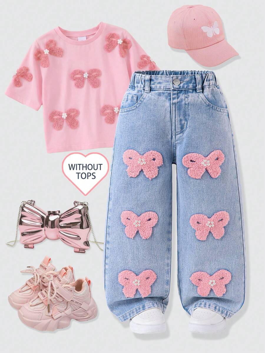 Genkimix Kids Jeans en denim à jambe droite ample pour filles, denim bleu clair délavé, décoré de nœuds en broderie de serviette rose avec des accents de perles au centre, convient pour toutes les saisons, peut être associé à des t-shirts, des sweats-shirts ou des tricots, idéal pour l'école quotidienne, les sorties au parc ou les réunions familiales et autres occasions décontractées - Jean clair - Voir 1
