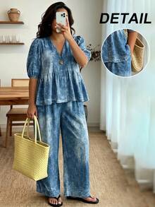 Enliva Plus Size Women's Textured Pattern Ruffle Puff Sleeve 2-Piece Set, V-Neck Top With Elastic Waist Pants, Suitable For Apple And Curvy Figures - Multicolor - View 8