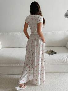 DAZY 2pcs Women Summer Elegant Butterfly Print Top & Wide Leg Pajama Pants Set - Baby Pink - View 2