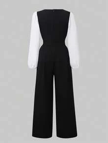 SHEIN Girls' Puff Sleeve Fitted Jumpsuit, Back Zipper Colorblock Wide Leg,Back-To-School,Cute,Vacation - Black - View 4