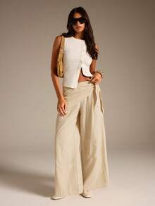Athîral Women's Plaid Side Waist Tie Wide Leg Loose Casual Long Pants - Apricot - View 7