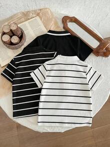 SHEIN 兒童小男孩休閒 3 件套短袖 Polo 衫套裝 - 黑與白 - 查看 2