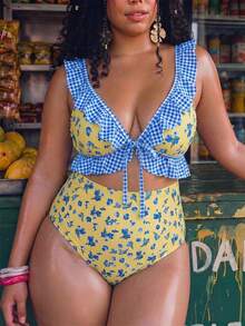 Swim Mod Plus Size Women Floral Print Plaid Patchwork One-Piece Swimsuit, Beach Vacation, Pool Party, Blue And Yellow Summer Sexy Elegant - Multicolor - View 1