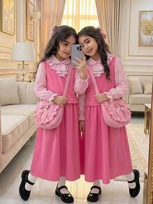 Conjunto casual de top y falda 2 en 1 con patchwork, volantes, rayas y manga larga para niña preadolescente - Rosa - Ver 2