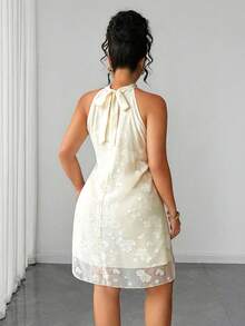 SHEIN Clasi Plus Size Chiffon Jacquard 3D Embroidered Fabric High Neck Sleeveless Asymmetrical Patchwork Ruched Umbrella Hem Doll Style Knee Length Dress Elegant For Outing Date Party Gathering Vacation - Apricot - View 2