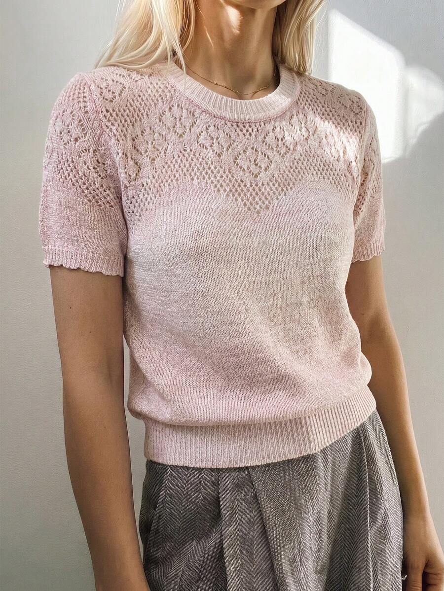 Sprig & Strand Top de punto calado casual para vacaciones de mujer, manga corta, elegante y exquisito, con patrón de bloques de color degradado, ajuste holgado, suéter de punto para primavera y verano - Rosa - Ver 1
