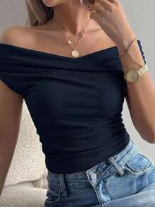 DAZY Women's Solid Color Off-The-Shoulder Short Sleeve T-Shirt, Spring/Summer,Off Shoulder Top - Navy Blue - View 10