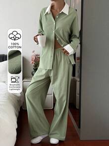 DAZY Conjunto de Roupa de Descanso Feminino com Top de Manga Longa de Abotoamento Único e Calça em Cores Contrastantes para o Outono - Verde - Visão 4
