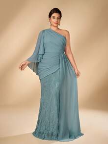 Serin Plus Size Elegant Glamorous Blue Lace Patchwork Chiffon One Shoulder Ruched Asymmetrical Ruffle Sleeve Fitted Mermaid Hem Formal Evening Gown For - Blue - View 5