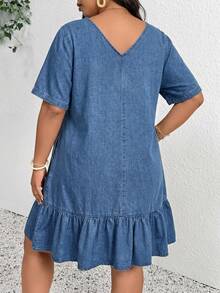 SHEIN CURVE+ Plus Size Vacation Casual Ruffle Hem Denim Dress Fall/Winter Elegant Casual Y2k Chic Basic Festival Back To School CURVE+ 5XL Ruffle Going Out - Blue - View 2
