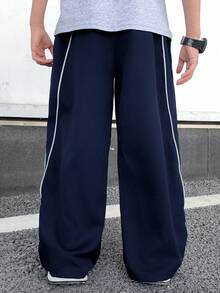 SHEIN 青少年男孩休閒寬鬆配色拼接長褲 - 藏蓝色 - 查看 2