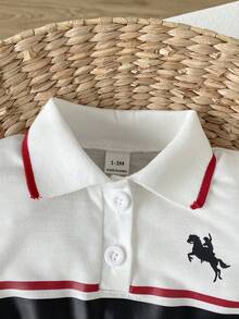 SHEIN Playful Pals 女嬰夏季日常外出度假短袖 Polo 領馬匹印花休閒運動風連身衣 - 白色 - 查看 5