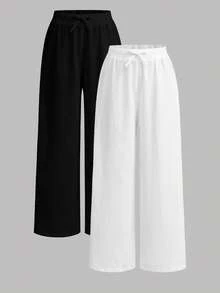 SHEIN Tween女孩 2件組 春/秋新款 黑白配色 梭織水洗克ريب修身休閒簡約舒適中腰直筒百搭長褲，返校季 - 黑與白 - 查看 6