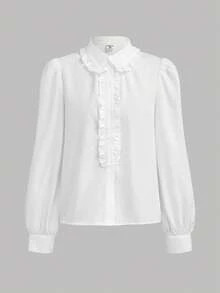 SHEIN Kids Teen Girls Blouses Spring Summer Autumn Winter New Woven White Loose Casual Simple Comfortable Daily Casual School Style White Ruffle Puff Sleeve Elegant Frill Edge Button Front, Shirt, Long Sleeve Top, Back To School Outfit, Versatile Shirt - White - View 6