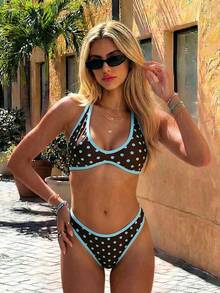 Swim SXY Polka Dot Print Back Cross Tie Fashion Sexy Swimsuit Set, Suitable For Beach Vacation Wear - Multicolor - View 2