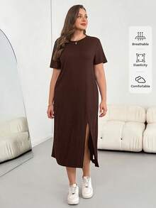 SHEIN Essnce 大尺碼女款純色圓領短袖側開衩下擺休閒洋裝 - 棕色 - 查看 2