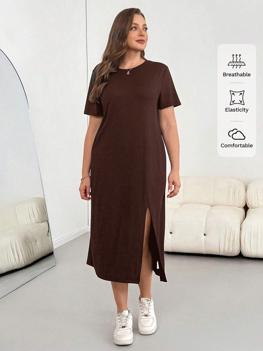SHEIN Essnce 大尺碼女款純色圓領短袖側開衩下擺休閒洋裝