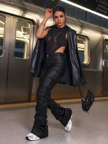 SHEIN ICON 适合日常穿着的女士纯色前扣纯色休闲裤 - 黑色 - 查看 8