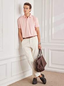 Officeau Men's Summer Lightweight Fabric Polo Shirt Slim Fit Short Sleeve Solid Color Collar Top, Suitable For Daily, Commute, Office, Light Sports - Dusty Pink - View 5