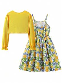 SHEIN 2Pcs/Set Tween Girls Knitted Back To School Ribbed Bow Decor Cardigan & Floral Print Camisole Set - Multicolor - View 2